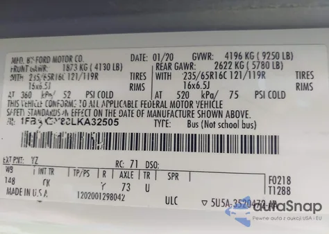 2020 Ford Transit-350 Passenger Van Xlt from USA, damaged, VIN 1FBAX2Y88LKA32505